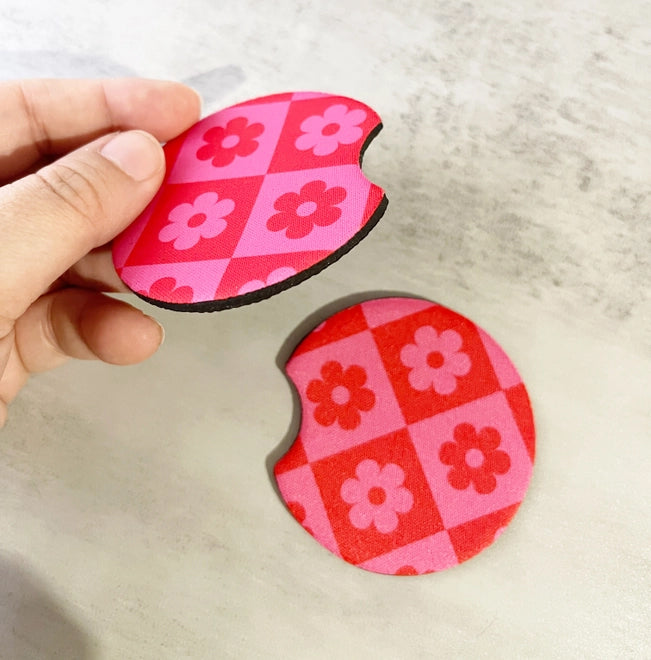 Pink Checkered Daisy Car Coasters