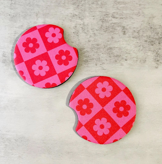 Pink Checkered Daisy Car Coasters