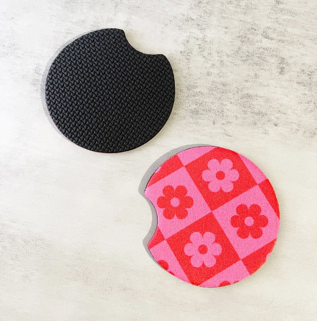 Pink Checkered Daisy Car Coasters