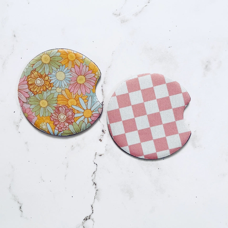 Retro Floral and Pink Checker Car Coasters