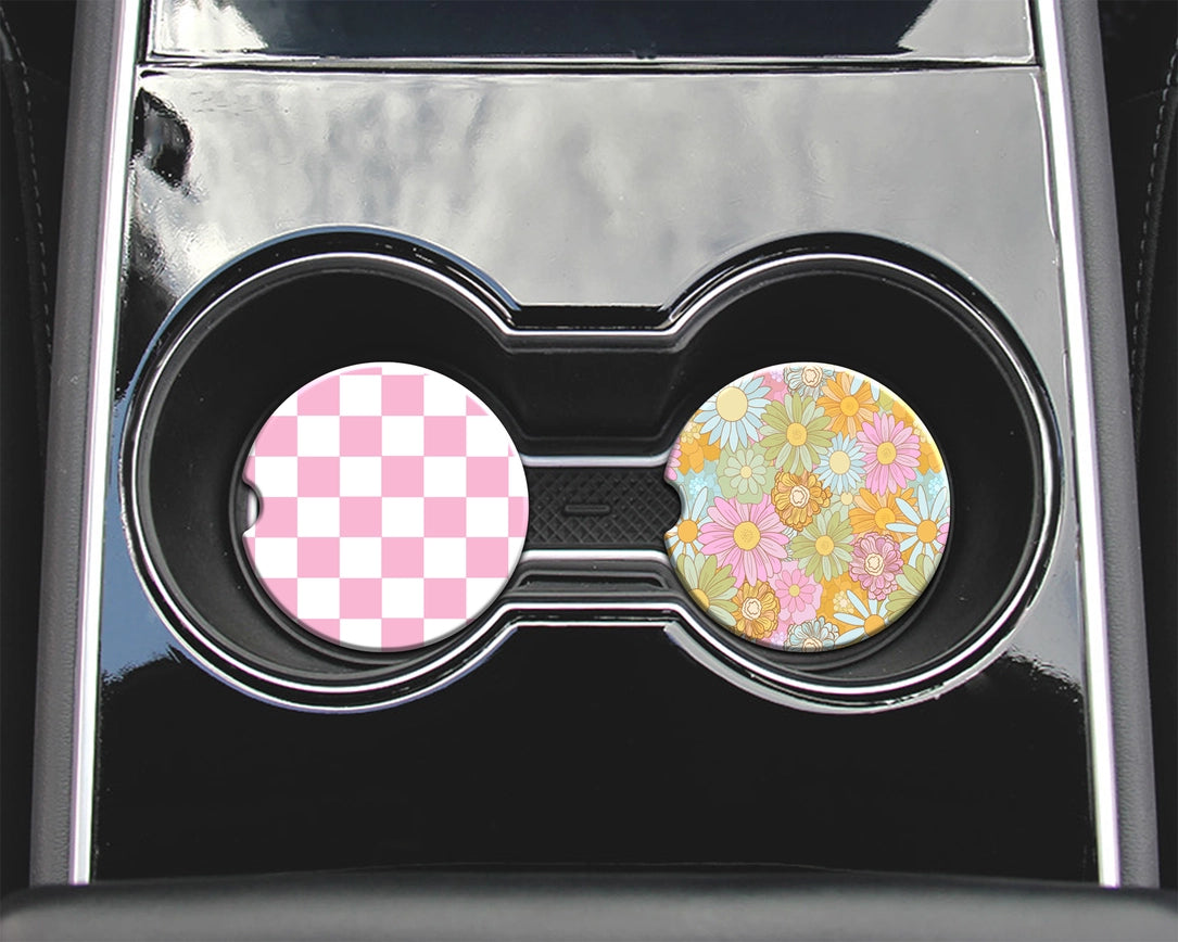 Retro Floral and Pink Checker Car Coasters